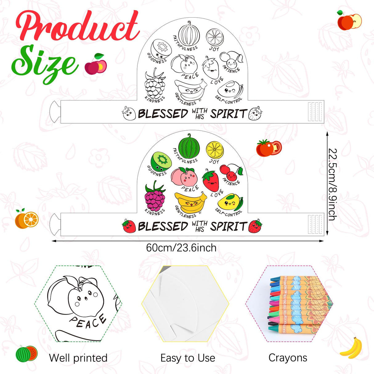 ReliThick 30 Sets Color Your Own Fruit of The Spirit Crown Bulk Crafts Coloring Bible Crafts Adjustable Religious Paper Crowns with Crayons for Kids DIY Sunday School VBS Classroom Party Supplies