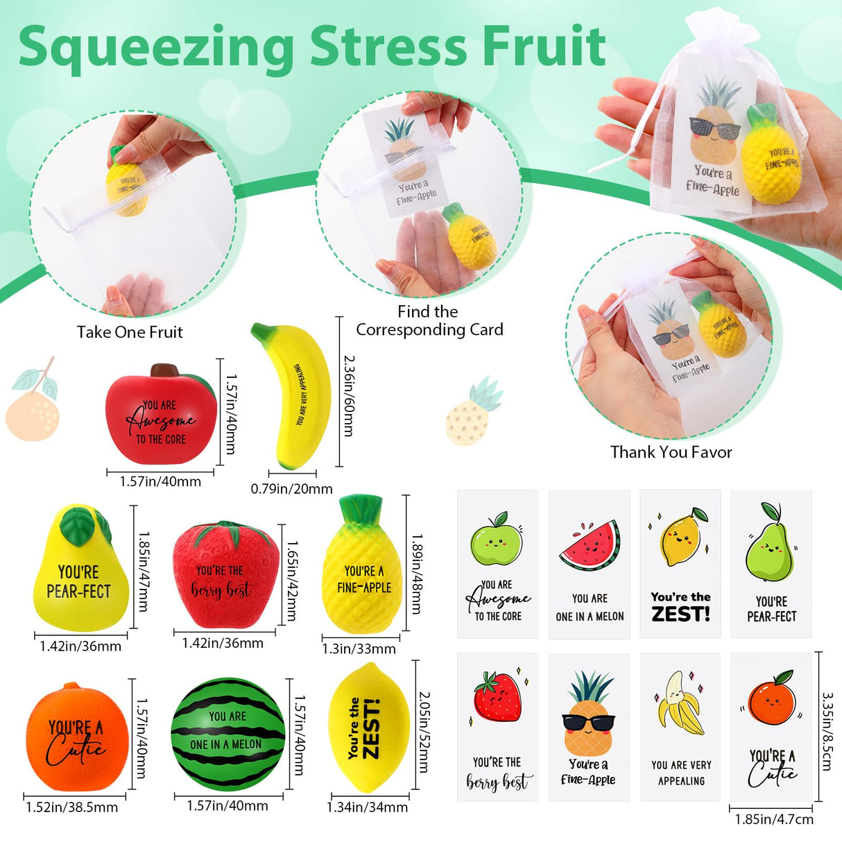 Outus 24 Sets Fruit Stress Balls with Motivational Quotes Cards Fruit Stress Balls Toys with Inspirational Fruits Cards, Stress Anxiety Relief Toy Organza Bags for Employee Teacher Gifts