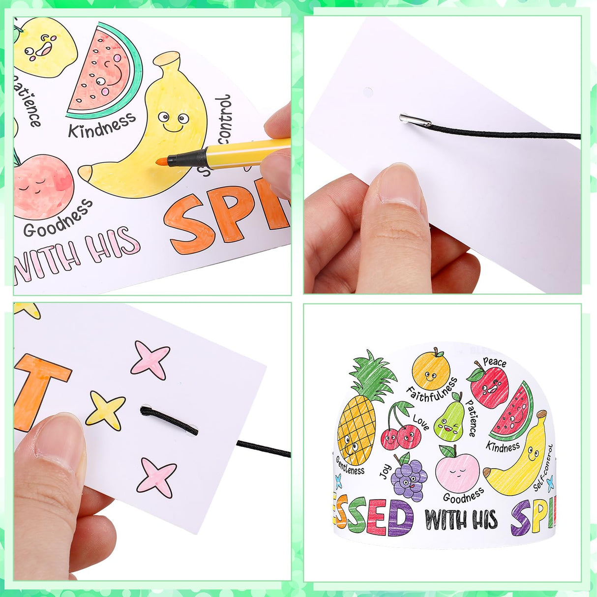 ReliThick 24 Sets Color Your Own Fruit of the Spirit Crafts Adjustable Coloring Paper Crowns VBS Craft Religious DIY Art Crafts Kits with Elastic Cord