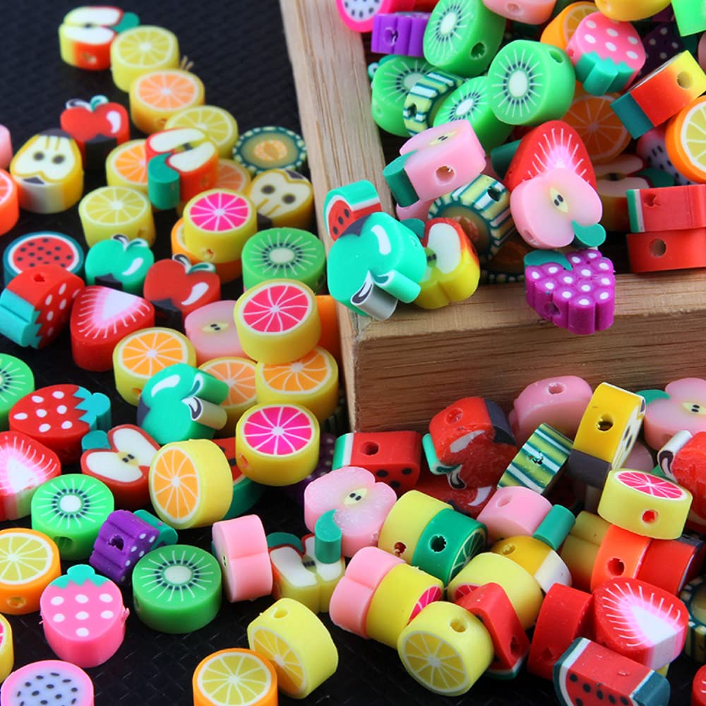 200pcs Fruits Polymer Clay Spacer Beads, Mixed Fruit Charm Beads for DIY Necklace Earrings Jewelry Crafts Making