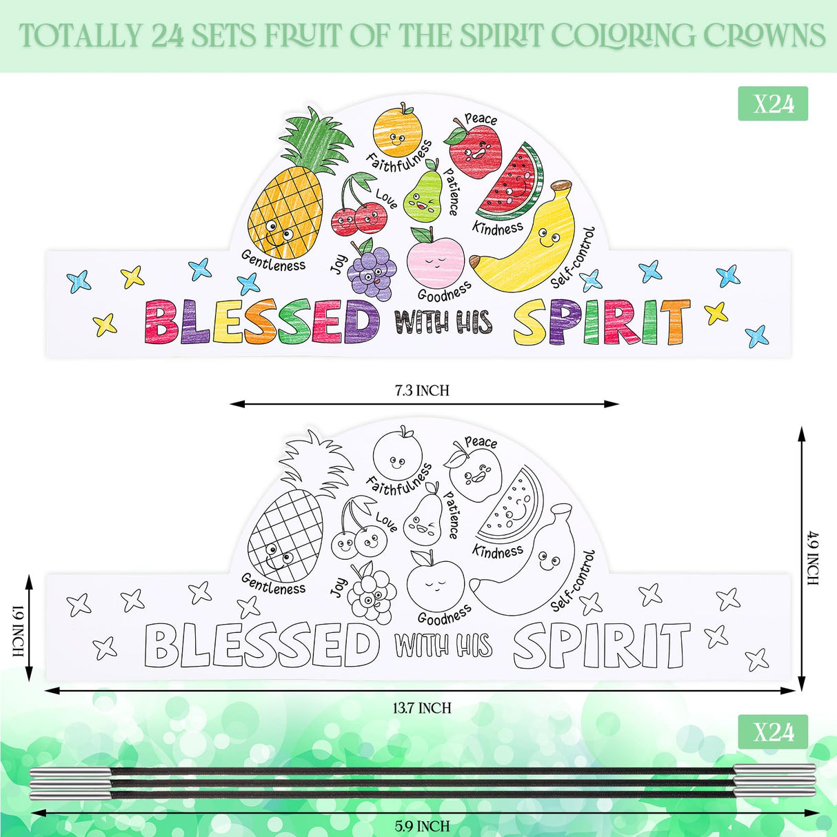 ReliThick 24 Sets Color Your Own Fruit of the Spirit Crafts Adjustable Coloring Paper Crowns VBS Craft Religious DIY Art Crafts Kits with Elastic Cord
