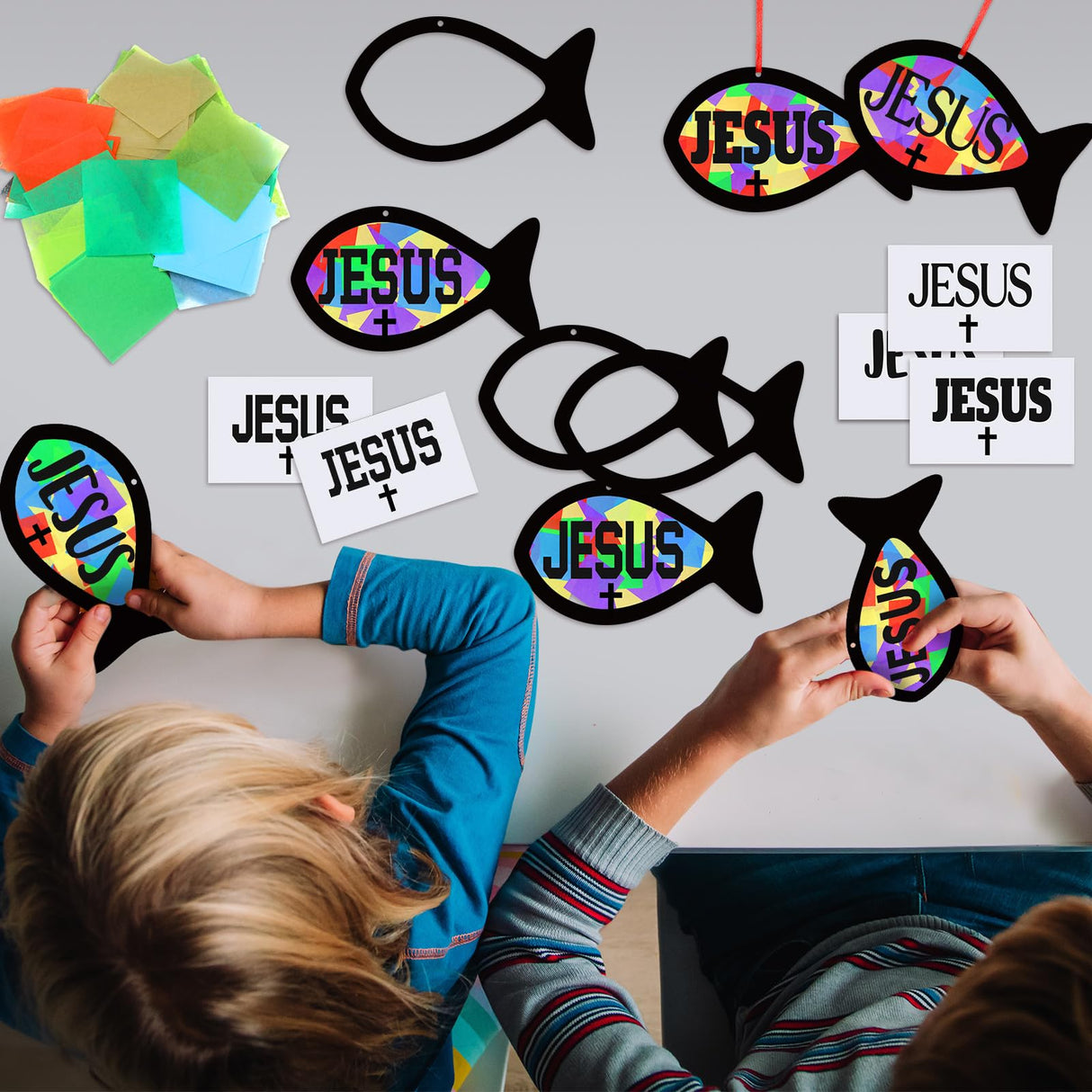 Sinload 24 Sets Faith Fish Craft Kit DIY Christian Jesus Fish Craft Religious Cross Tissue Paper Hanging Ornament for Home Church Bible Sunday School Activities