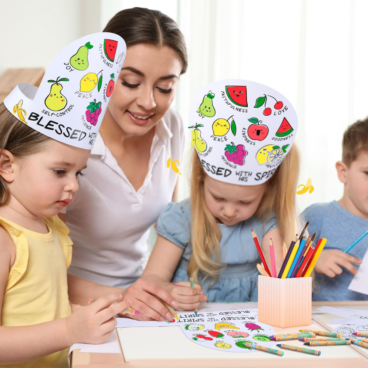 ReliThick 30 Sets Color Your Own Fruit of The Spirit Crown Bulk Crafts Coloring Bible Crafts Adjustable Religious Paper Crowns with Crayons for Kids DIY Sunday School VBS Classroom Party Supplies