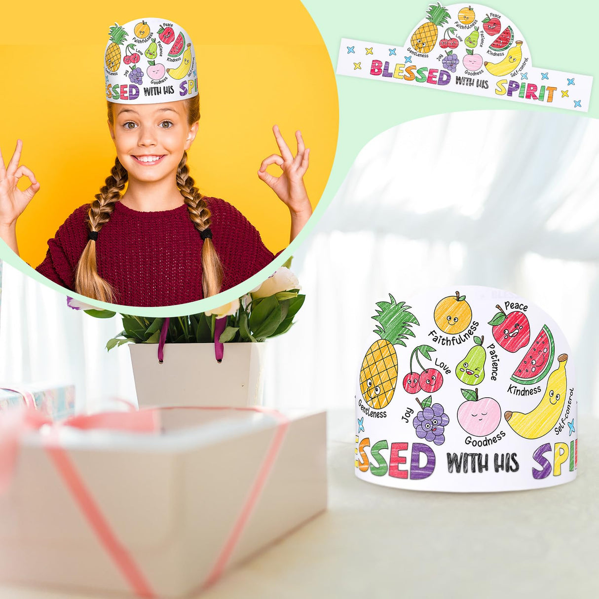ReliThick 24 Sets Color Your Own Fruit of the Spirit Crafts Adjustable Coloring Paper Crowns VBS Craft Religious DIY Art Crafts Kits with Elastic Cord