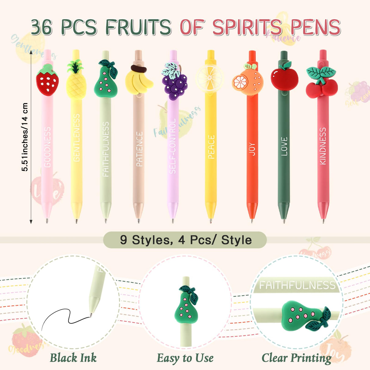 Sayglossy 108 Pcs Fruit of the Spirit Gifts Bulk 36 Christian Ballpoint Pens 36 Fruit Silicone Bracelet and 36 Inspirational Cards, Mother's Day Holy Week Gift for Church Sunday School Students