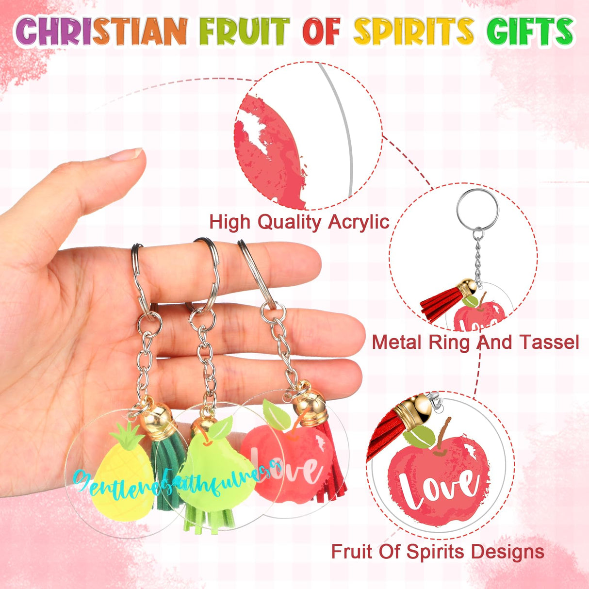 Fumete 45 Pcs Employee Appreciation Gift Keychains Acrylic Fruits of the Spirit Pun Key Rings Thank You Bible Keychain(Bible)