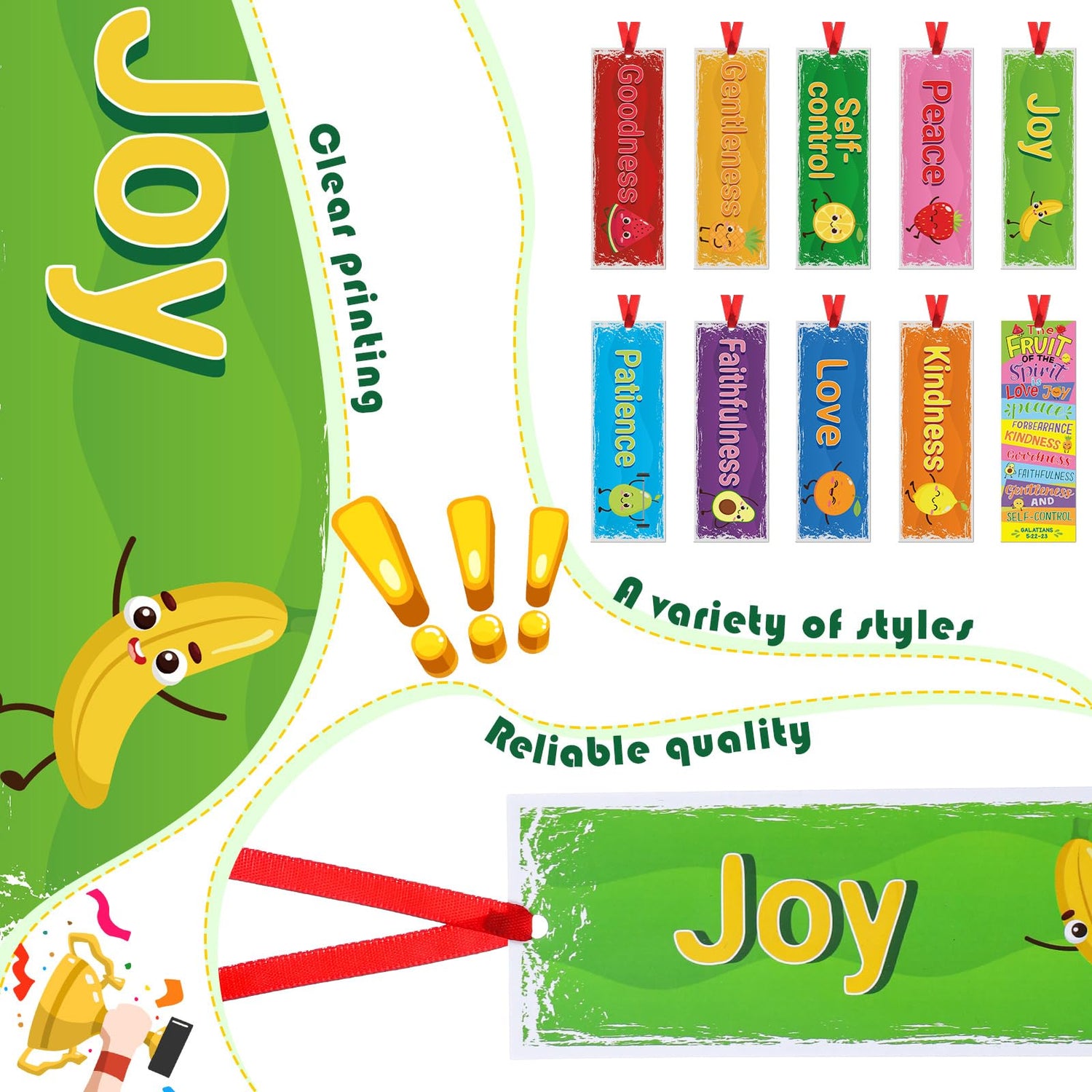 Humyoun 60 Pcs Fruit of The Spirit Bookmarks for Kids - Fruit Bible Theme With Ribbon, Colorful Christian Paper for Back to School, Religious Sunday School, Classroom Party Favor