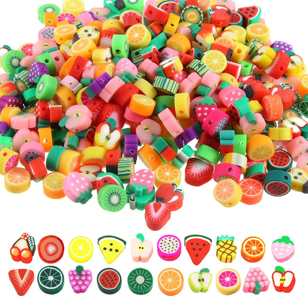 200pcs Fruits Polymer Clay Spacer Beads, Mixed Fruit Charm Beads for DIY Necklace Earrings Jewelry Crafts Making