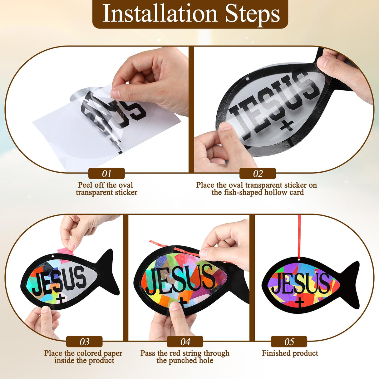 Sinload 24 Sets Faith Fish Craft Kit DIY Christian Jesus Fish Craft Religious Cross Tissue Paper Hanging Ornament for Home Church Bible Sunday School Activities