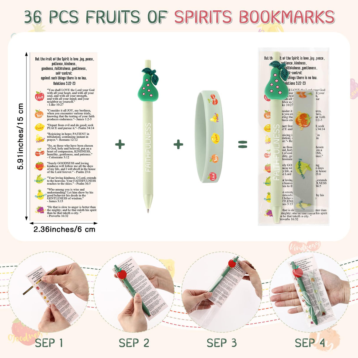 Sayglossy 108 Pcs Fruit of the Spirit Gifts Bulk 36 Christian Ballpoint Pens 36 Fruit Silicone Bracelet and 36 Inspirational Cards, Mother's Day Holy Week Gift for Church Sunday School Students