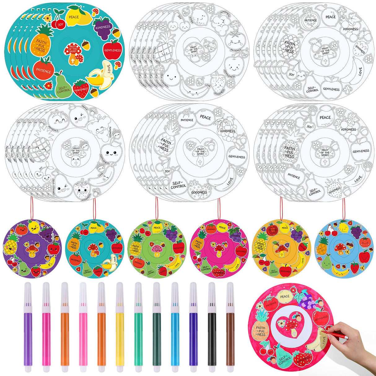 Realspring 30 Set Fruit of The Spirit Wreath Craft Kit for Kids Religious Color Your Own Fruit of The Spirit Ornament DIY Christian Wreath Craft Kit for Classroom Sunday School Activities Arts Decor
