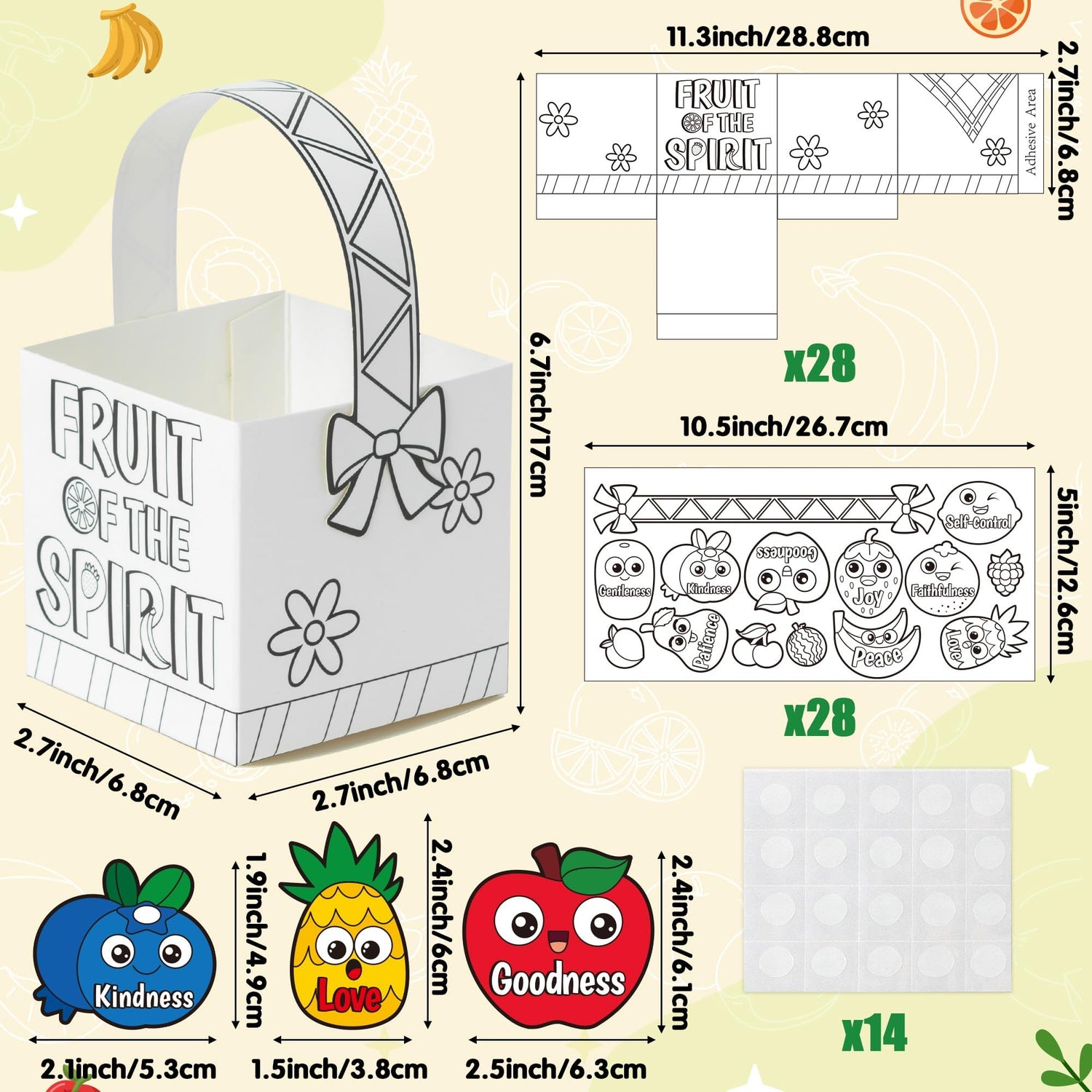 AgincBerry DIY Bible Fruit Basket Craft Kit - 28PCS Color Your Own Fruitage of the Spirit - Make Your Own Religious Bushel for Kids Sunday School Activities