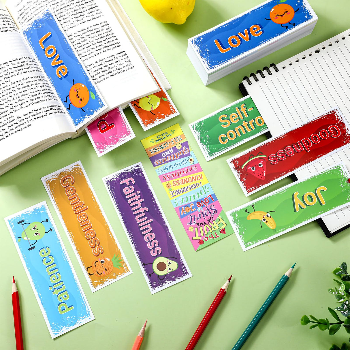 Humyoun 60 Pcs Fruit of The Spirit Bookmarks for Kids - Fruit Bible Theme With Ribbon, Colorful Christian Paper for Back to School, Religious Sunday School, Classroom Party Favor