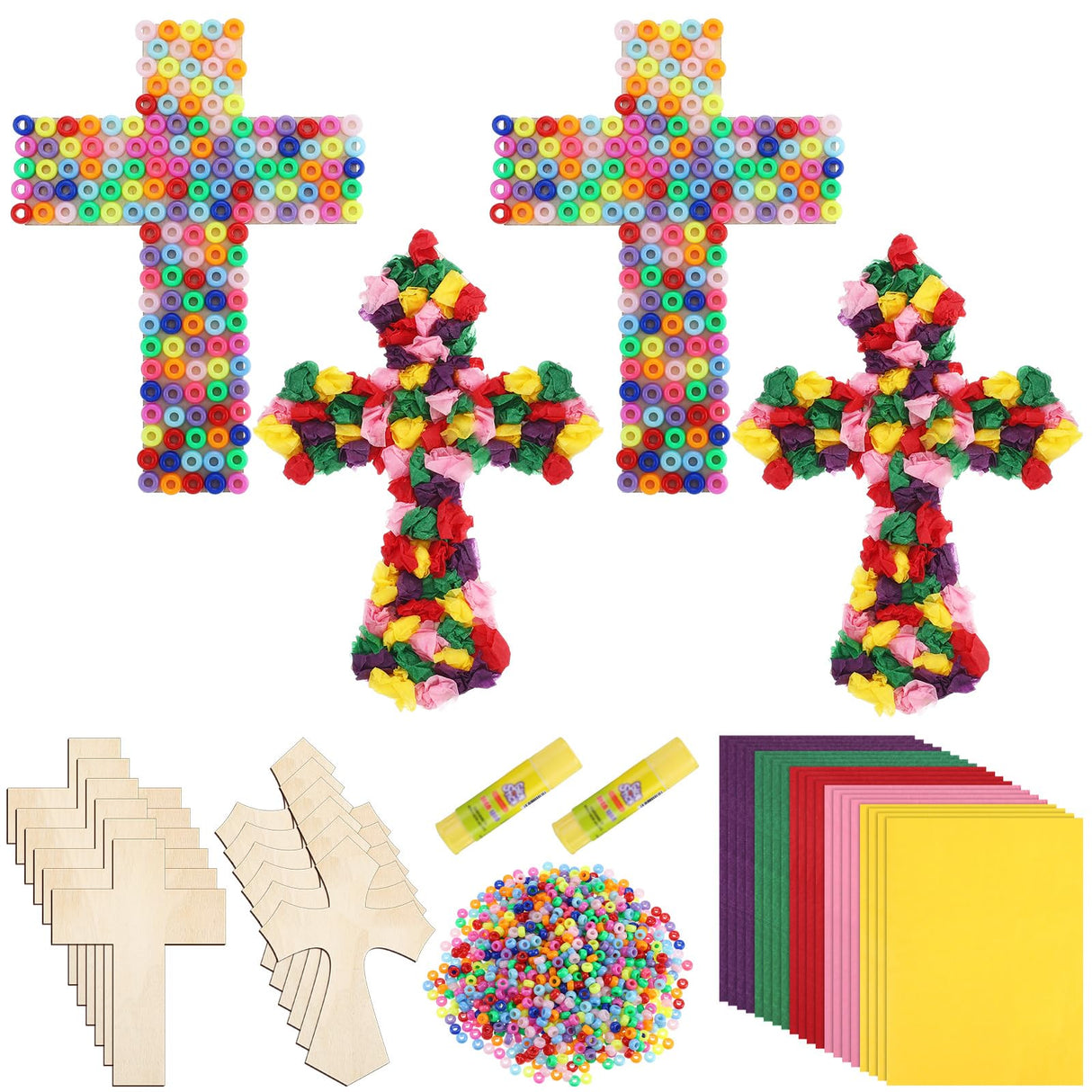 Blueweenly 30 Sets Cross Crafts for Kids DIY Christian Bible Crafts Sunday School Vbs Supplies Religious Wooden Cross Sticky Boards with Tissue Paper Beads Gift for Church Activities
