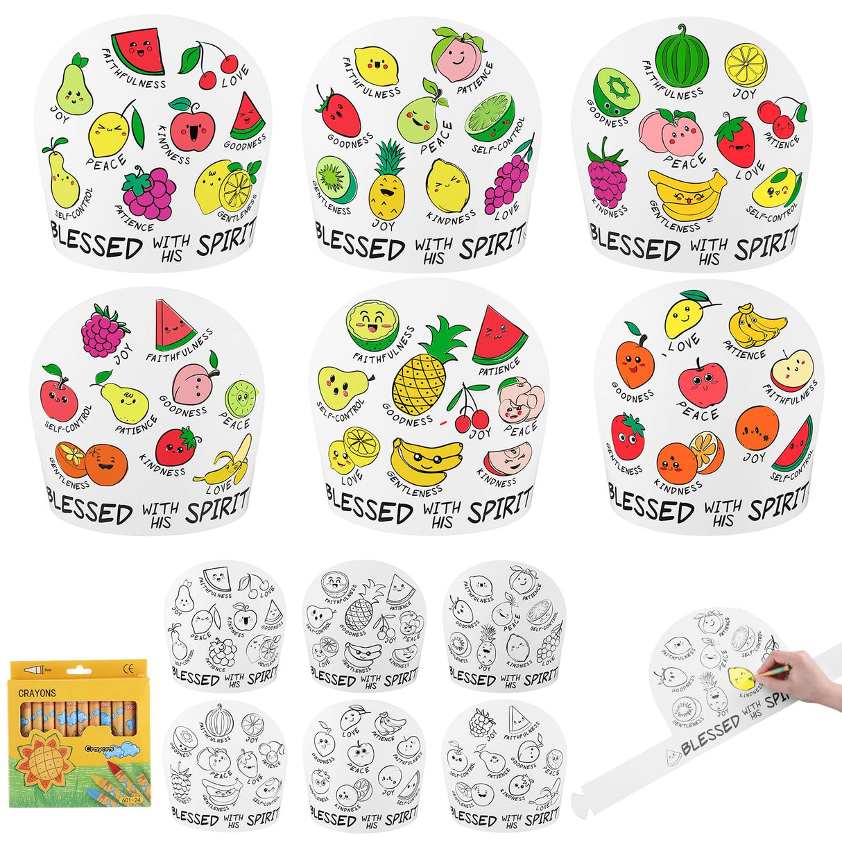 ReliThick 30 Sets Color Your Own Fruit of The Spirit Crown Bulk Crafts Coloring Bible Crafts Adjustable Religious Paper Crowns with Crayons for Kids DIY Sunday School VBS Classroom Party Supplies