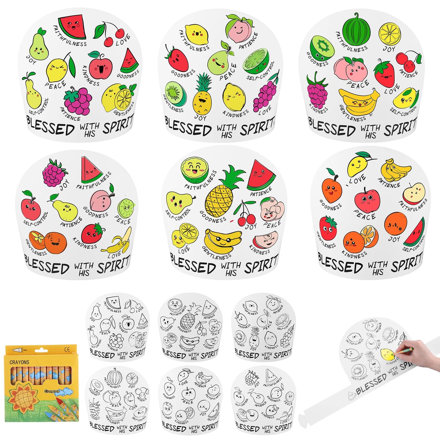 ReliThick 30 Sets Color Your Own Fruit of The Spirit Crown Bulk Crafts Coloring Bible Crafts Adjustable Religious Paper Crowns with Crayons for Kids DIY Sunday School VBS Classroom Party Supplies
