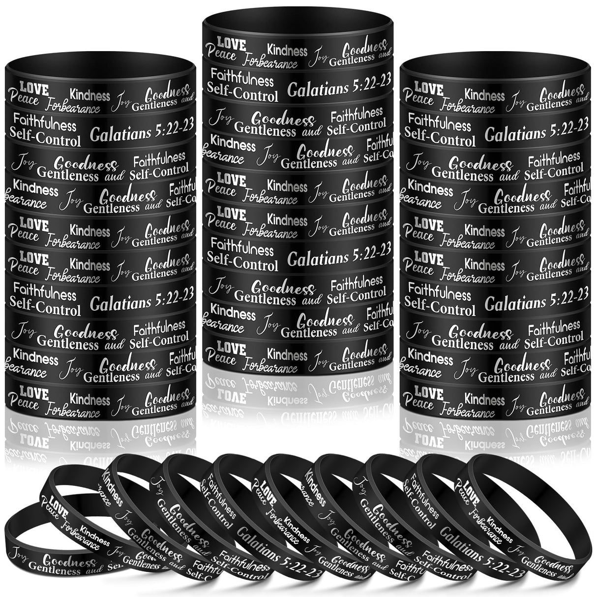 Huquary 48 Pcs Fruit of the Spirit Bracelet Inspirational Scripture Christian Silicone Bracelets Bulk Religious Motivational Love Joy Peace Patience Wristband Gift Fruit of the Spirit Decor(Black)