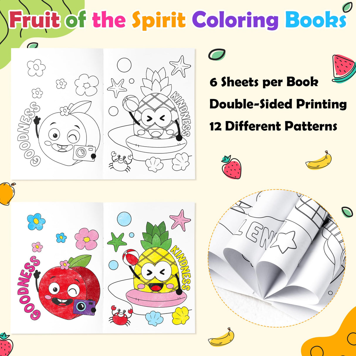 Dvbonike 24Pcs Fruit of the Spirit Coloring Books - Religious Bible DIY Color-in Pages Booklet Bulk Drawing Holiday Christian Activity Supplies for Sunday School Classroom Reward Artwork Gift for Kids