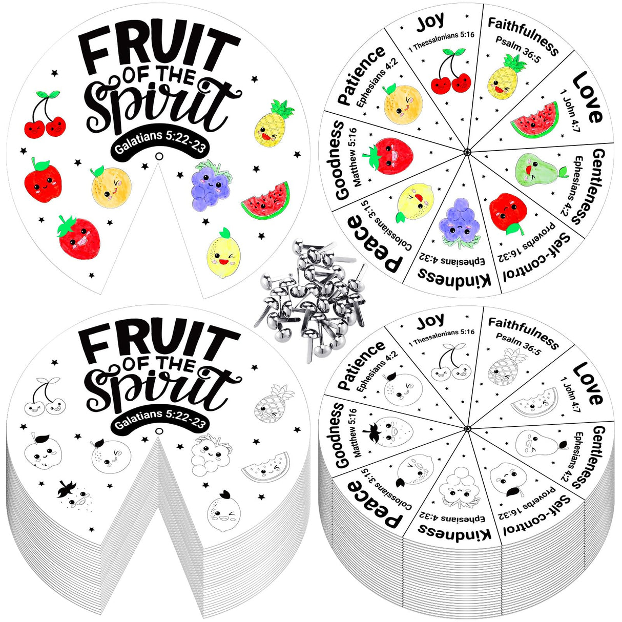 Spiareal 30 Set Fruit of The Spirit Coloring Wheel for Kids with Silver Fasteners Coloring Sunday School Crafts DIY Religious Craft for Christian Bible Art Activity