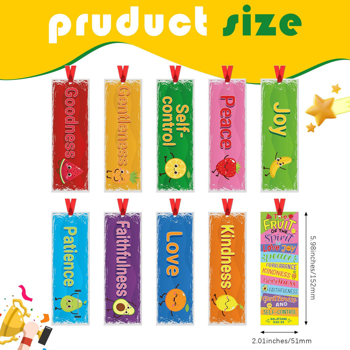 Humyoun 60 Pcs Fruit of The Spirit Bookmarks for Kids - Fruit Bible Theme With Ribbon, Colorful Christian Paper for Back to School, Religious Sunday School, Classroom Party Favor