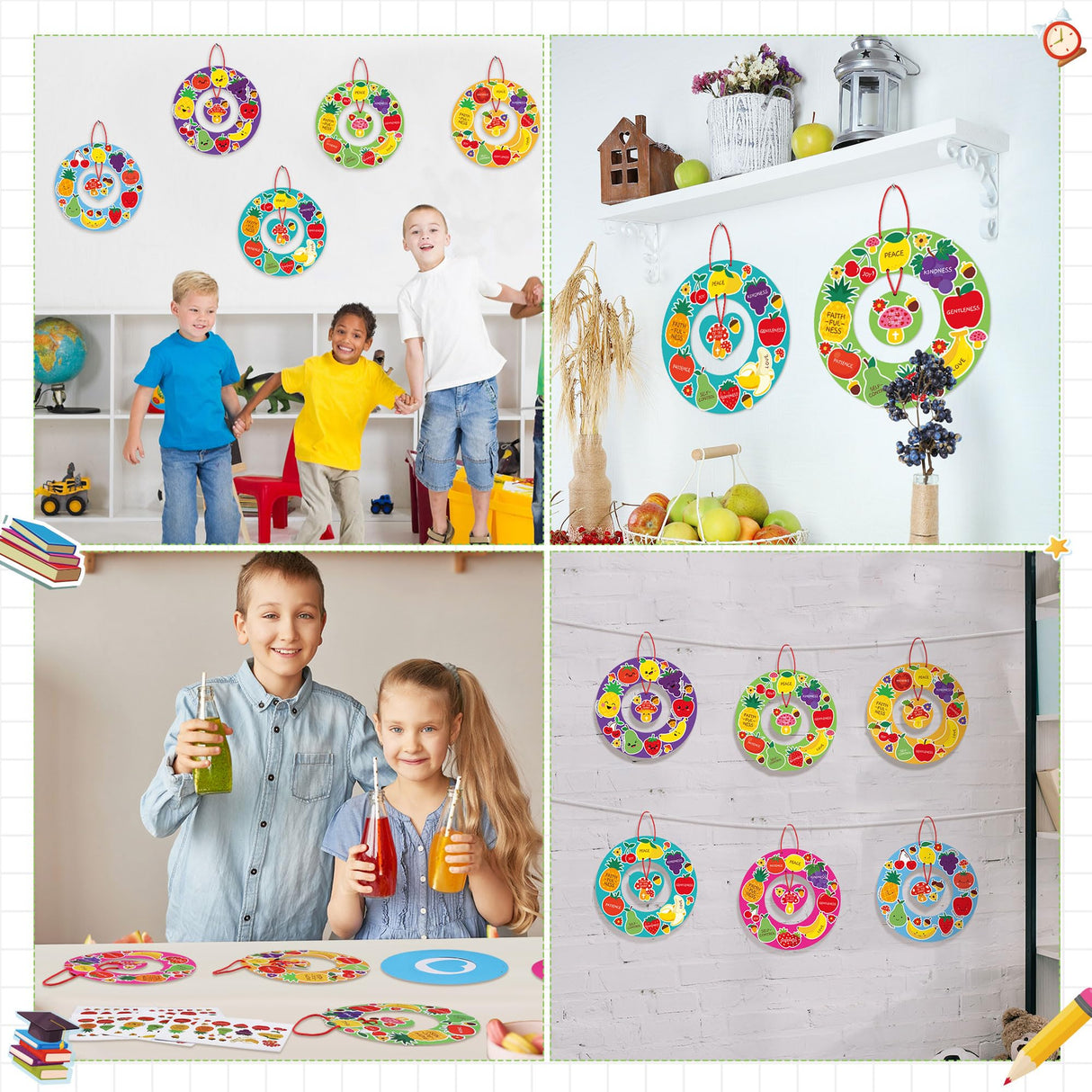 HyDren 24 Set Fruit of The Spirit Wreath Craft Kit for Kids Christian Religious DIY Wreath Craft Kit Make Your Own Fruit of The Spirit Ornament Sunday School Classroom Arts Activities Decor Supplies