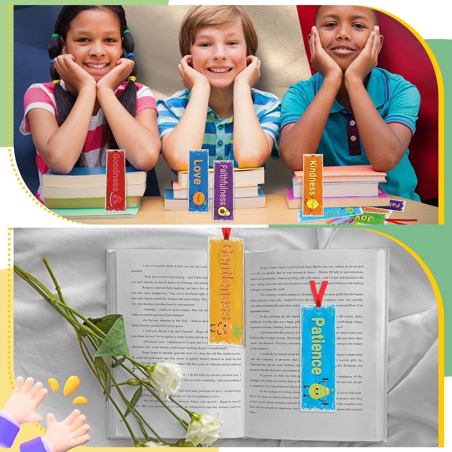 Humyoun 60 Pcs Fruit of The Spirit Bookmarks for Kids - Fruit Bible Theme With Ribbon, Colorful Christian Paper for Back to School, Religious Sunday School, Classroom Party Favor