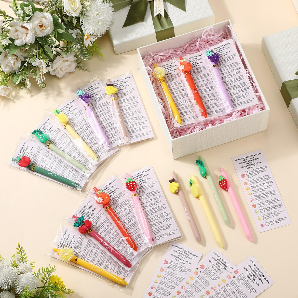 Gilprop 36 Set Easter Fruit Religious Gifts Christian Pens with Spirit Bookmarks for Kids Spiritual Fruit Bible Verse Pens Classroom Gifts for Students Graduation Church Vacation Bible School