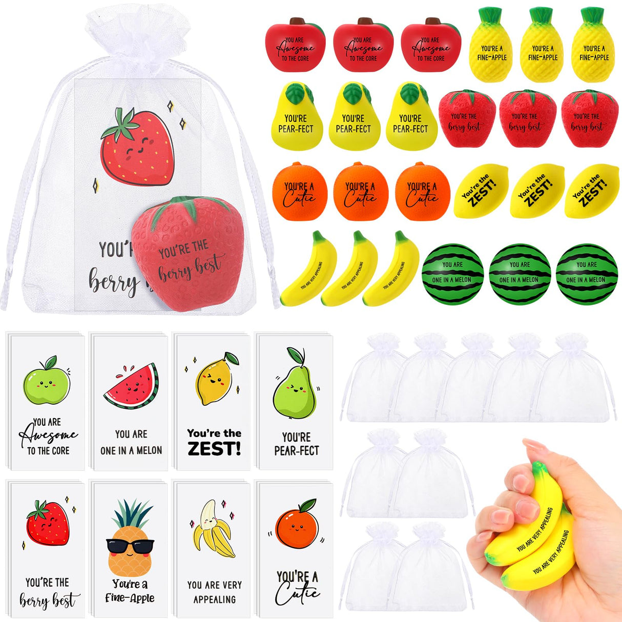 Outus 24 Sets Fruit Stress Balls with Motivational Quotes Cards Fruit Stress Balls Toys with Inspirational Fruits Cards, Stress Anxiety Relief Toy Organza Bags for Employee Teacher Gifts