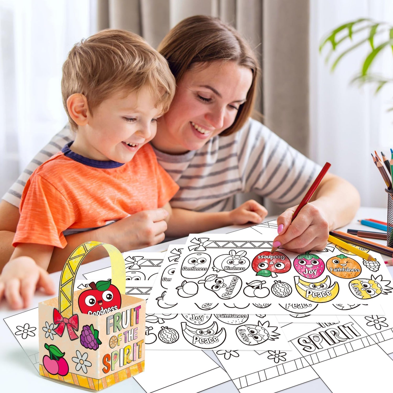 AgincBerry DIY Bible Fruit Basket Craft Kit - 28PCS Color Your Own Fruitage of the Spirit - Make Your Own Religious Bushel for Kids Sunday School Activities