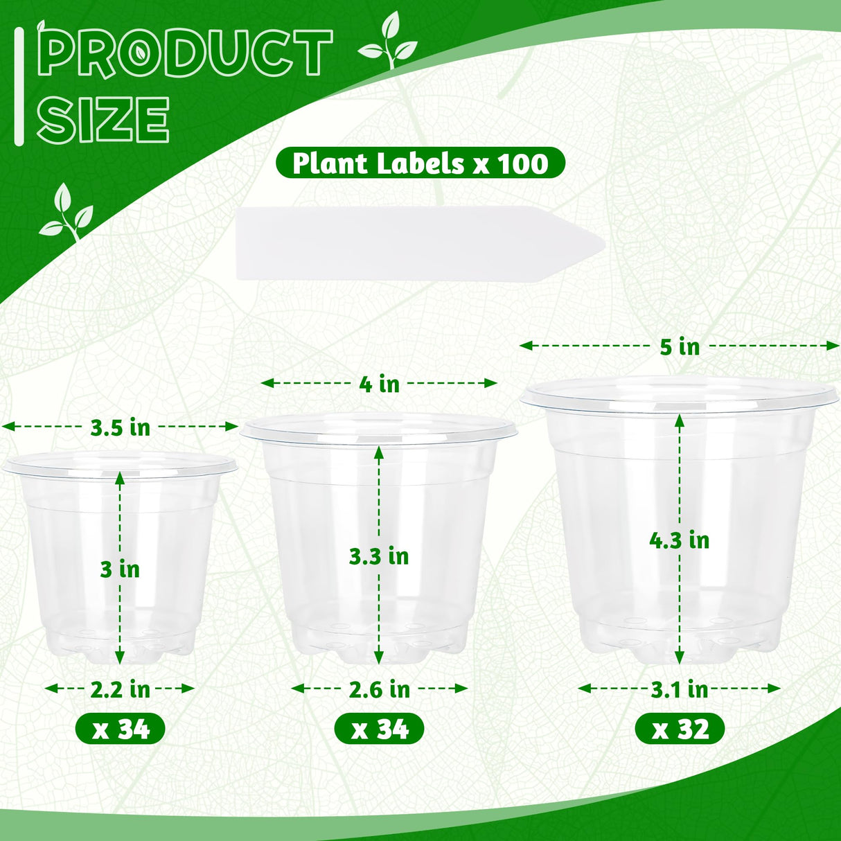 100 Pack 3.5/4/5 Inch Clear Nursery Pots, Transparent Plant Pots, Plastic Seedling Pots with Drainage Holes Seed Starter Planter Garden Pots with 100 Plant Labels for Vegetable Flower Plants