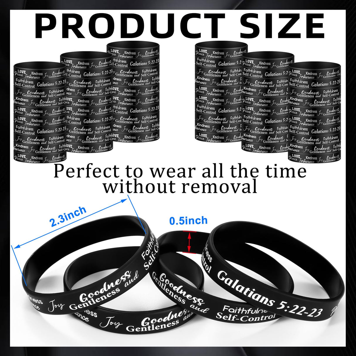 Huquary 48 Pcs Fruit of the Spirit Bracelet Inspirational Scripture Christian Silicone Bracelets Bulk Religious Motivational Love Joy Peace Patience Wristband Gift Fruit of the Spirit Decor(Black)