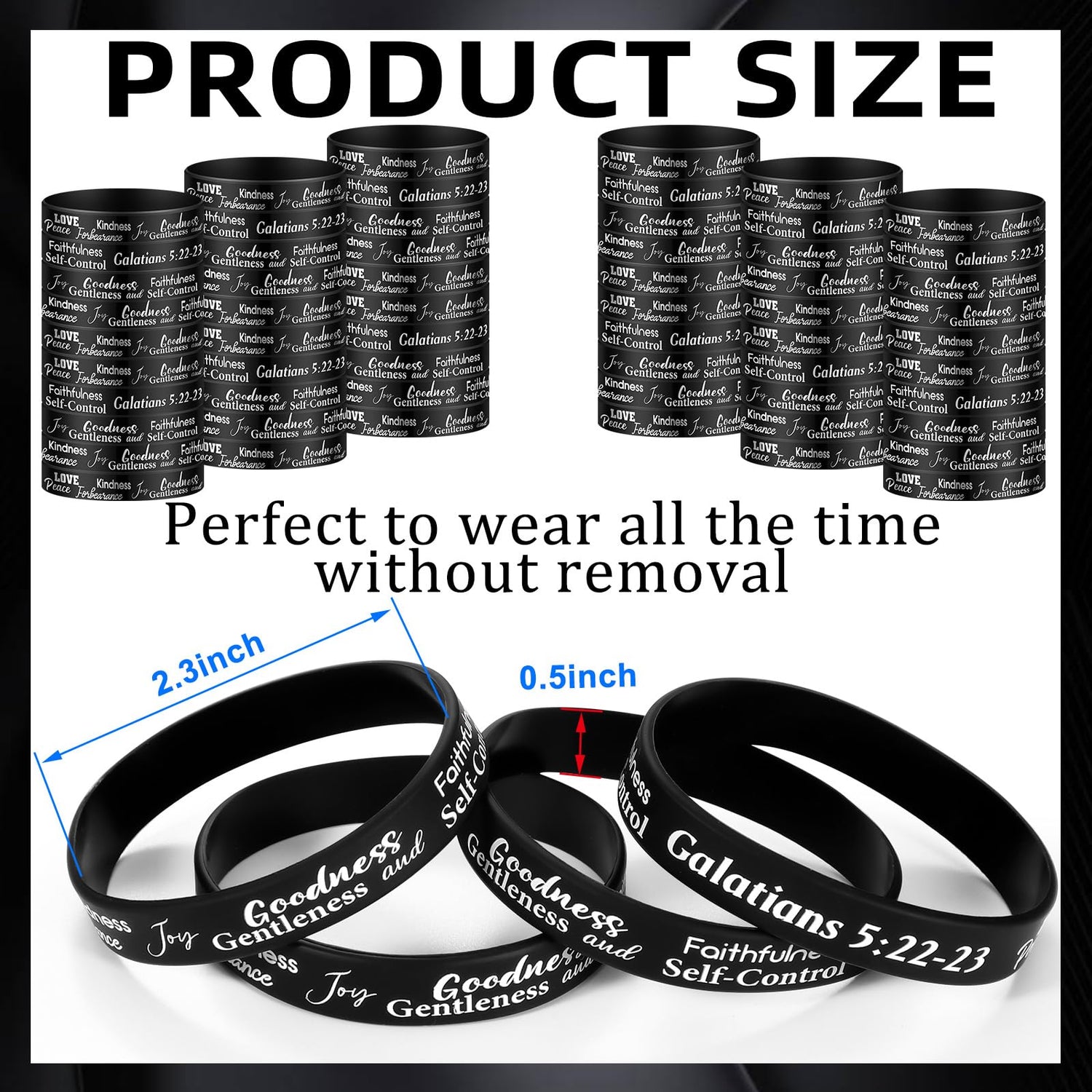 Huquary 48 Pcs Fruit of the Spirit Bracelet Inspirational Scripture Christian Silicone Bracelets Bulk Religious Motivational Love Joy Peace Patience Wristband Gift Fruit of the Spirit Decor(Black)