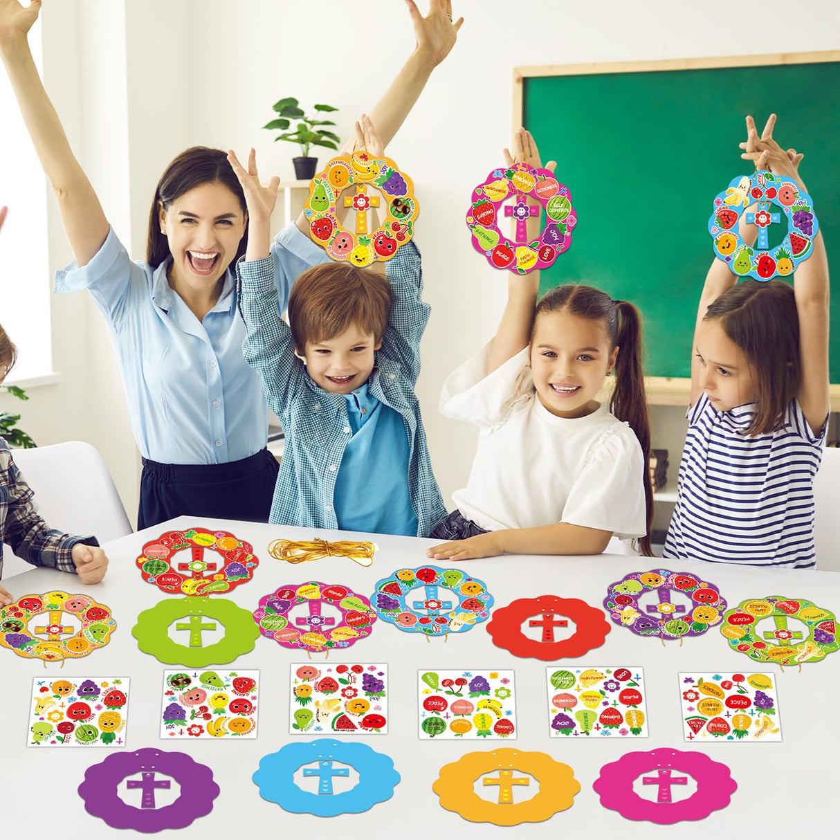 30 Set Fruit of The Spirit Wreath Craft Kit for Kids Sunday School Christian DIY Crafts Make Your Own Religious Fruits Stickers Hanging Ornament for Classroom Arts Activities Home Decor Supplies