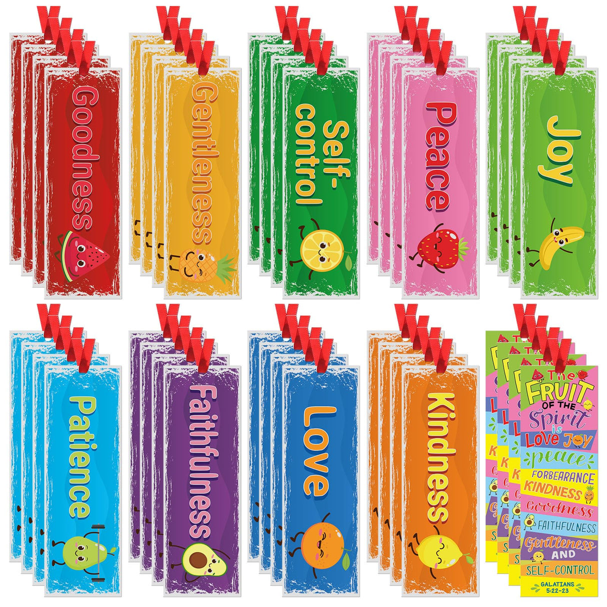 Humyoun 60 Pcs Fruit of The Spirit Bookmarks for Kids - Fruit Bible Theme With Ribbon, Colorful Christian Paper for Back to School, Religious Sunday School, Classroom Party Favor