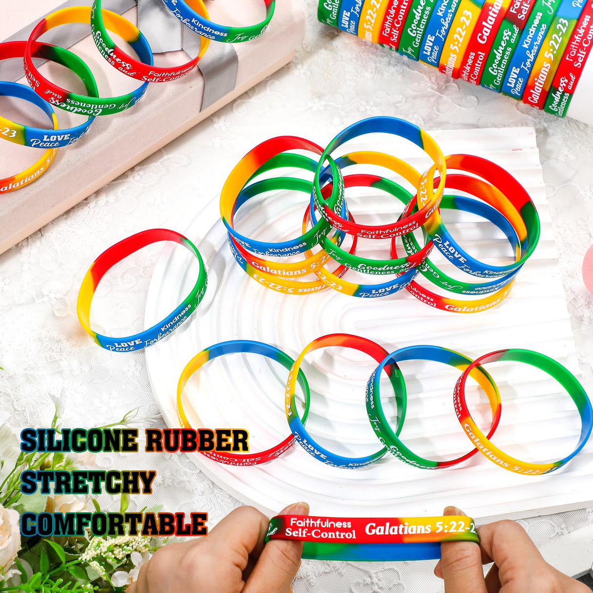 Huquary 48 Pcs Fruit of the Spirit Bracelet Inspirational Scripture Christian Silicone Bracelets Bulk Religious Motivational Love Joy Peace Patience Wristband Gift Fruit of the Spirit Decor(Rainbow)