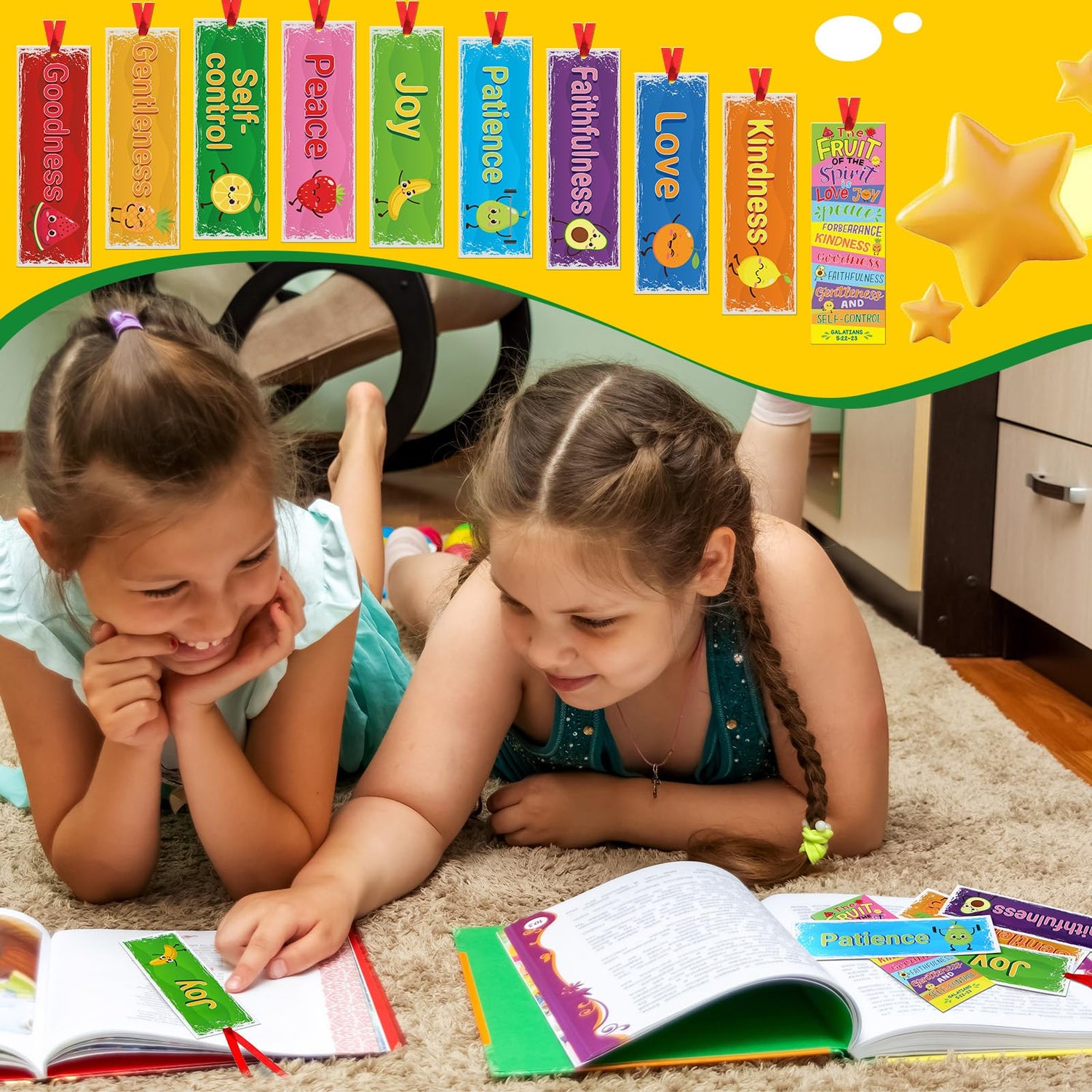 Humyoun 60 Pcs Fruit of The Spirit Bookmarks for Kids - Fruit Bible Theme With Ribbon, Colorful Christian Paper for Back to School, Religious Sunday School, Classroom Party Favor