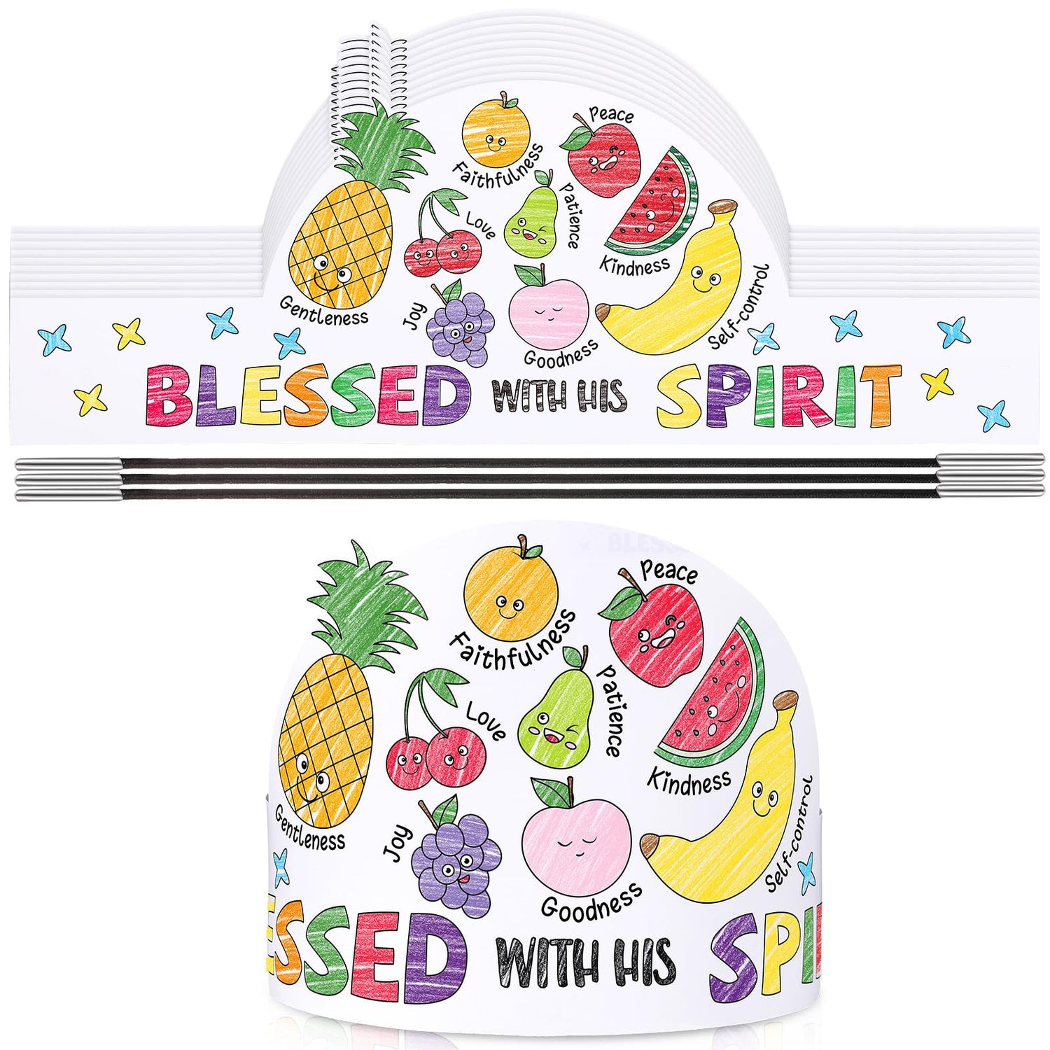 ReliThick 24 Sets Color Your Own Fruit of the Spirit Crafts Adjustable Coloring Paper Crowns VBS Craft Religious DIY Art Crafts Kits with Elastic Cord