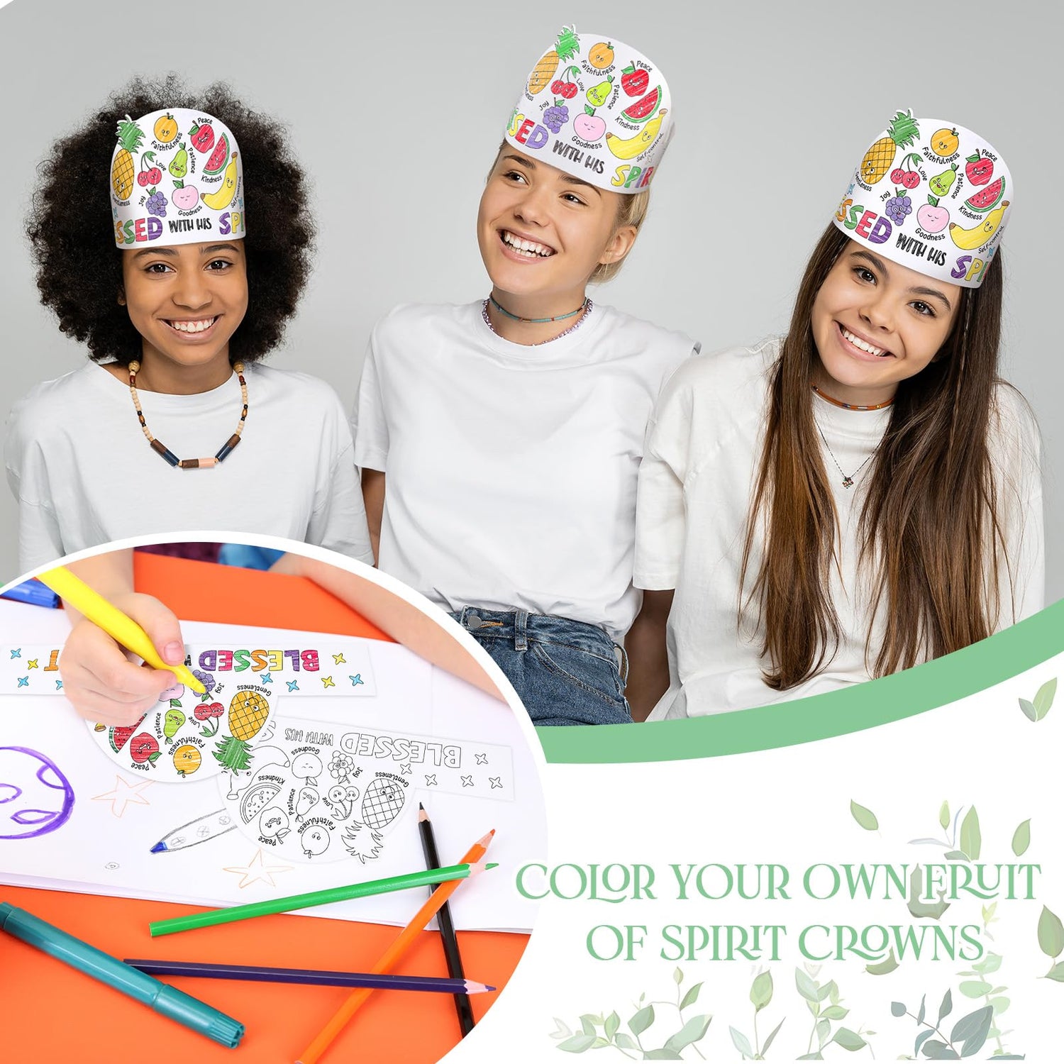 ReliThick 24 Sets Color Your Own Fruit of the Spirit Crafts Adjustable Coloring Paper Crowns VBS Craft Religious DIY Art Crafts Kits with Elastic Cord