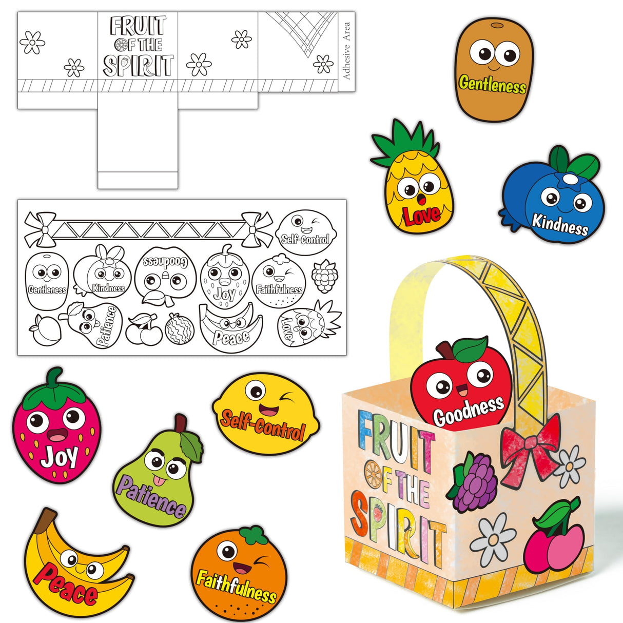 AgincBerry DIY Bible Fruit Basket Craft Kit - 28PCS Color Your Own Fruitage of the Spirit - Make Your Own Religious Bushel for Kids Sunday School Activities