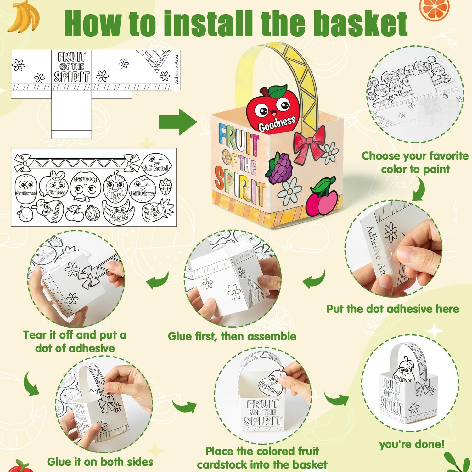 AgincBerry DIY Bible Fruit Basket Craft Kit - 28PCS Color Your Own Fruitage of the Spirit - Make Your Own Religious Bushel for Kids Sunday School Activities