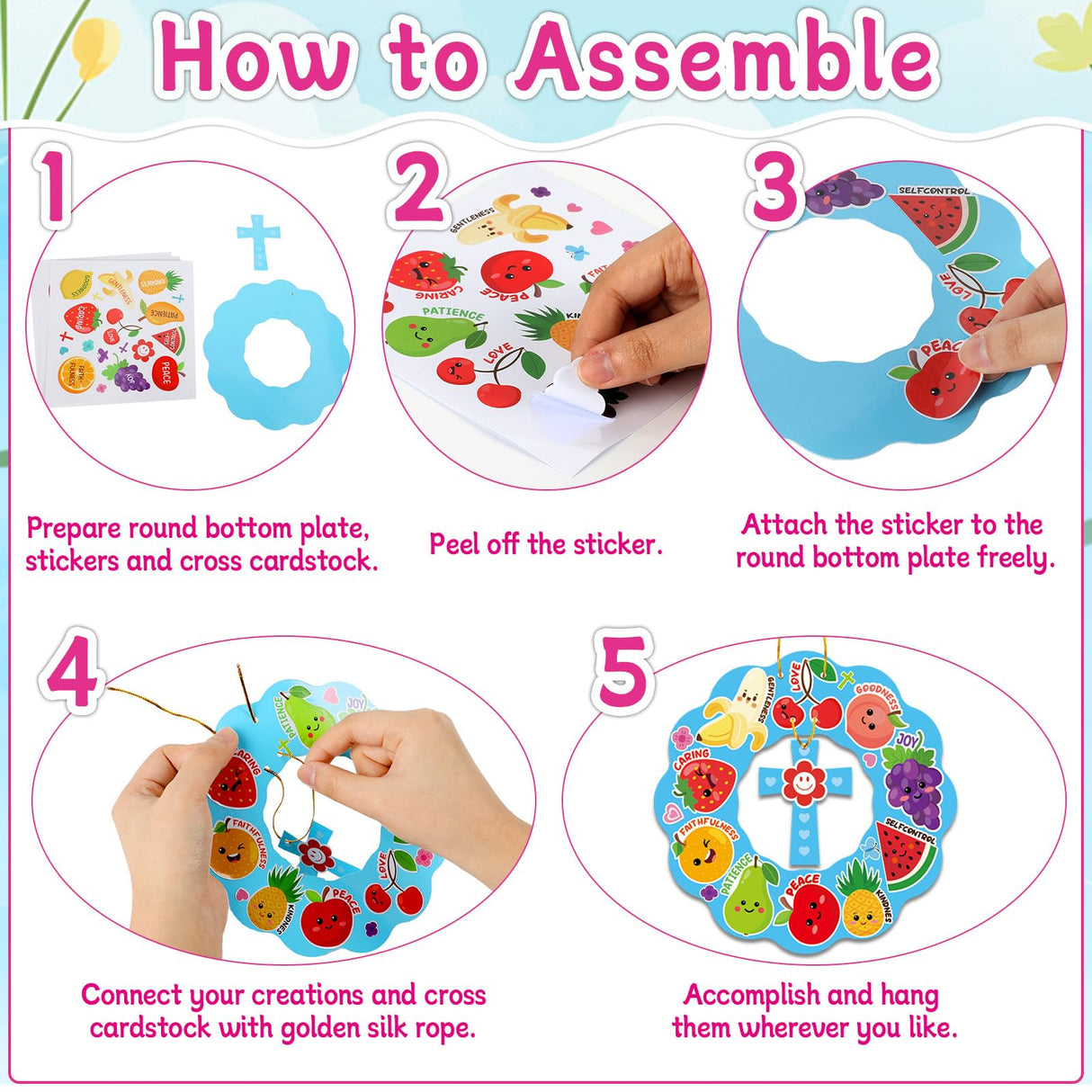 30 Set Fruit of The Spirit Wreath Craft Kit for Kids Sunday School Christian DIY Crafts Make Your Own Religious Fruits Stickers Hanging Ornament for Classroom Arts Activities Home Decor Supplies