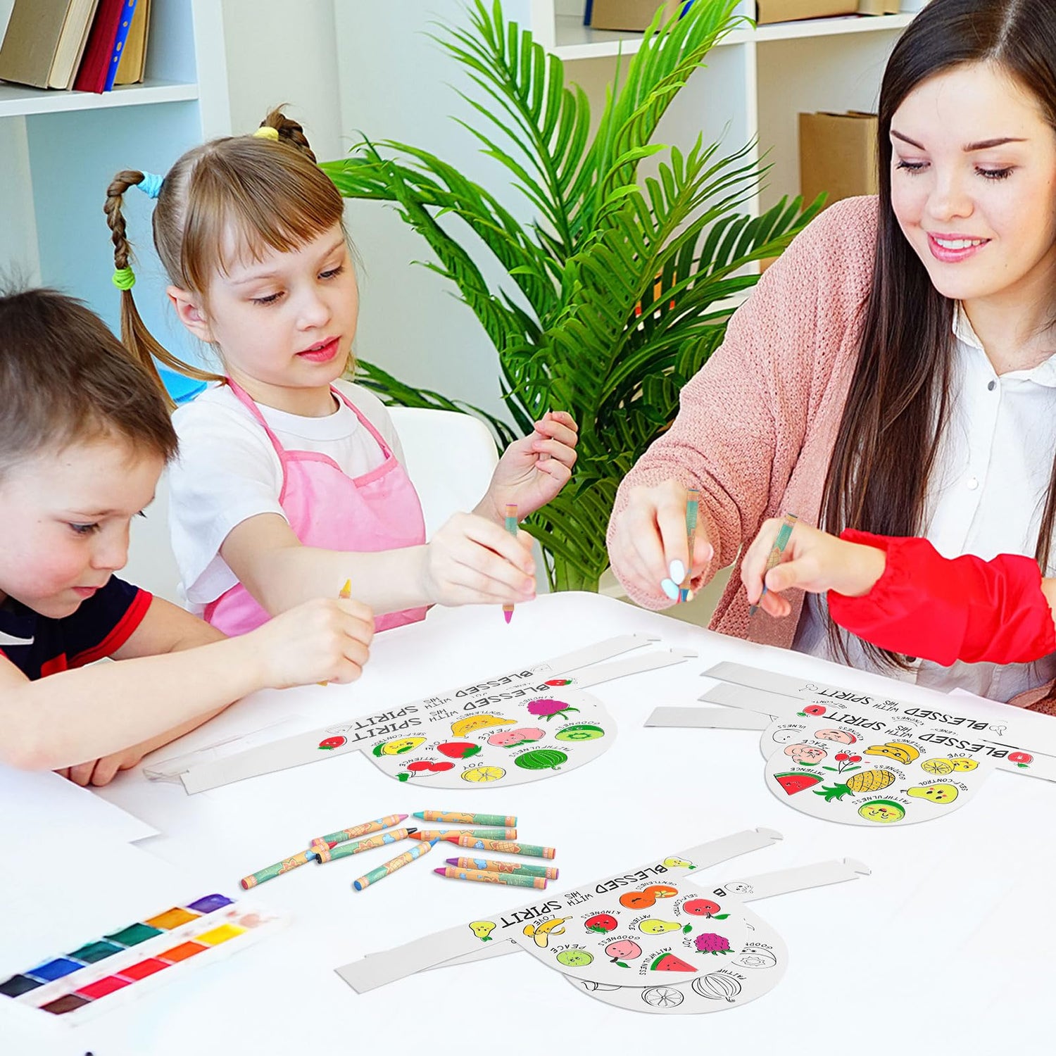 ReliThick 30 Sets Color Your Own Fruit of The Spirit Crown Bulk Crafts Coloring Bible Crafts Adjustable Religious Paper Crowns with Crayons for Kids DIY Sunday School VBS Classroom Party Supplies