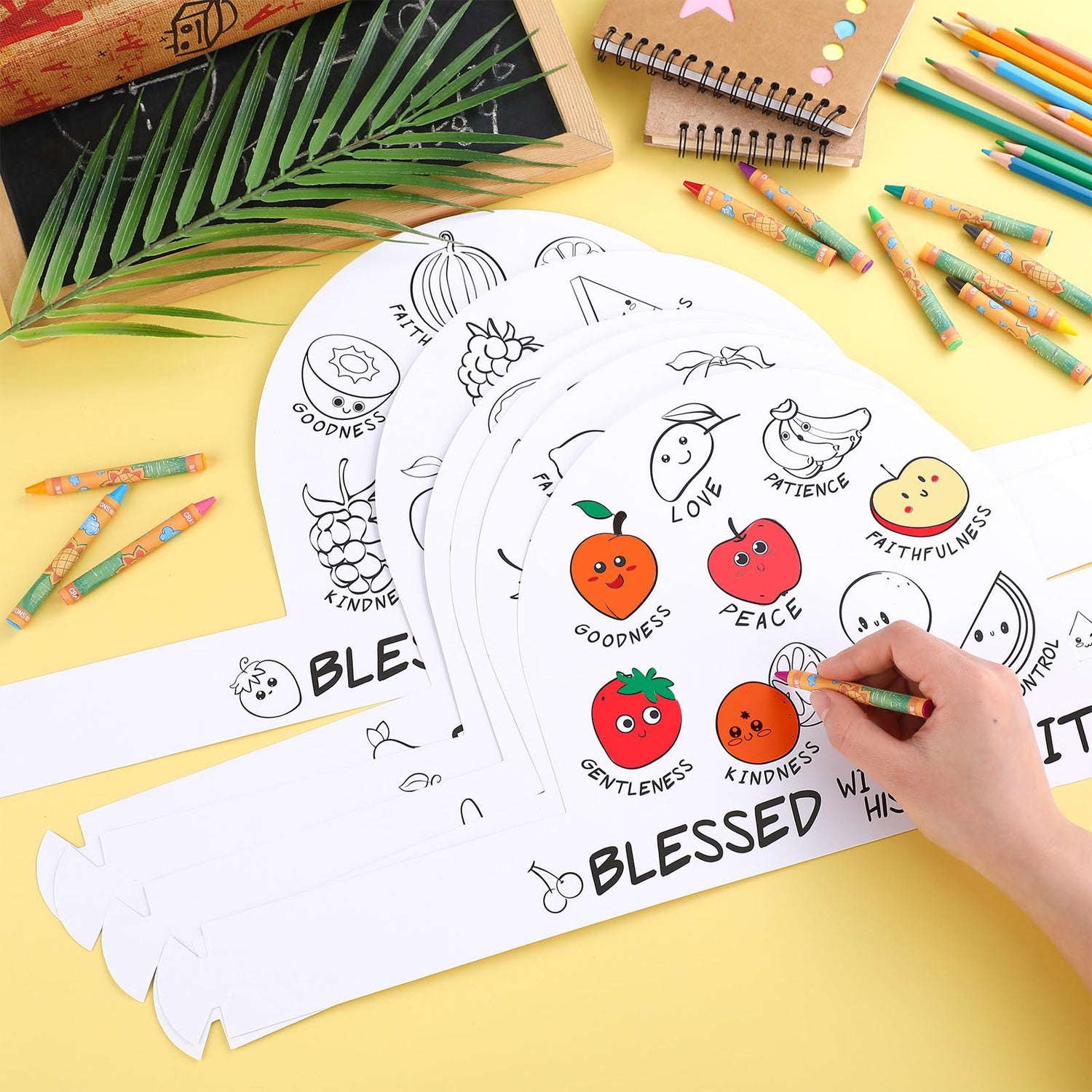 ReliThick 30 Sets Color Your Own Fruit of The Spirit Crown Bulk Crafts Coloring Bible Crafts Adjustable Religious Paper Crowns with Crayons for Kids DIY Sunday School VBS Classroom Party Supplies