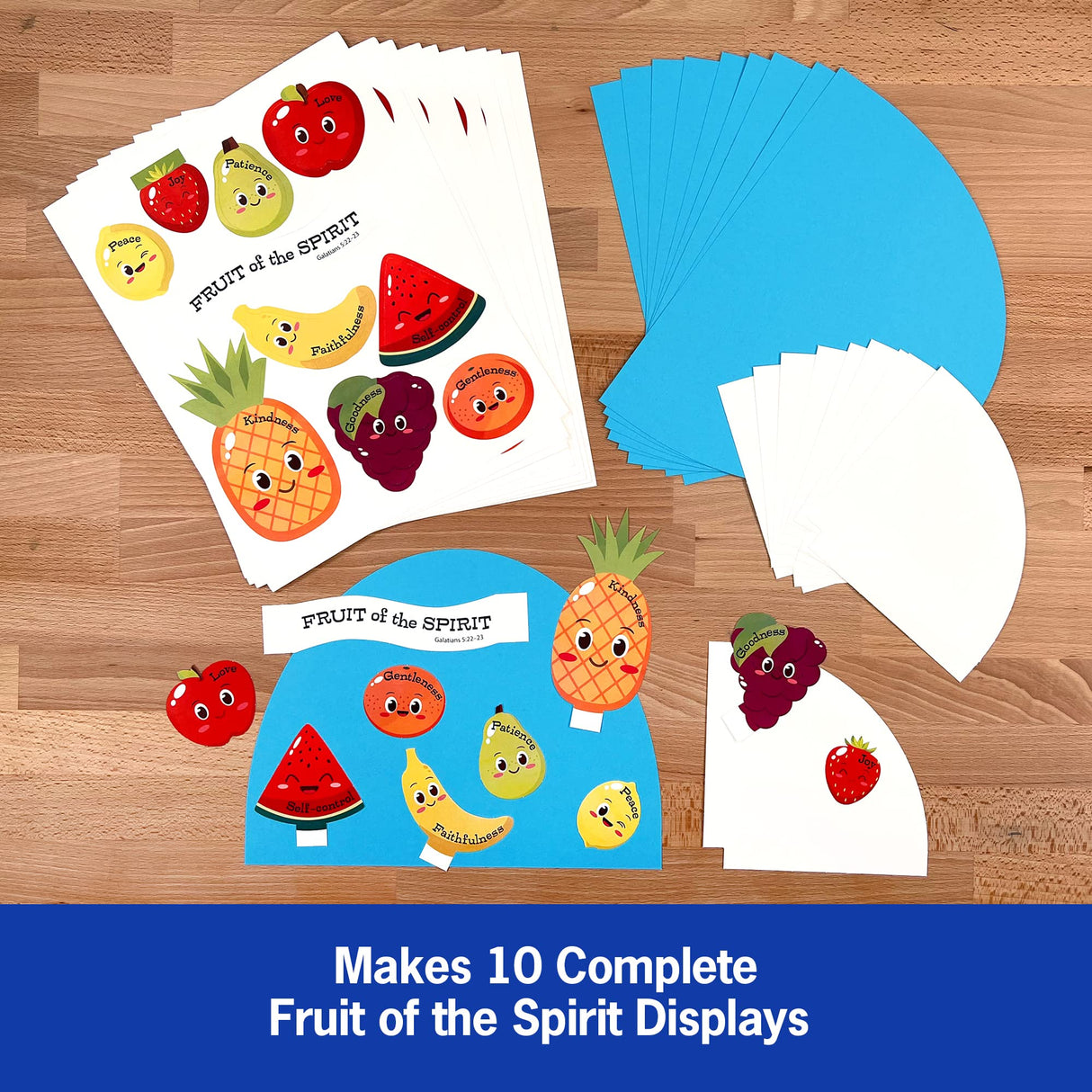 FreshCut Crafts Fruit of The Spirit Bible Craft Kit -10-Pack Easy 3-D Punch-Out Religious Crafts for Kids 5 & Up, Sunday School, Homeschool, Classroom Inspirational Art, US-Made Card Stock, NOT Foam