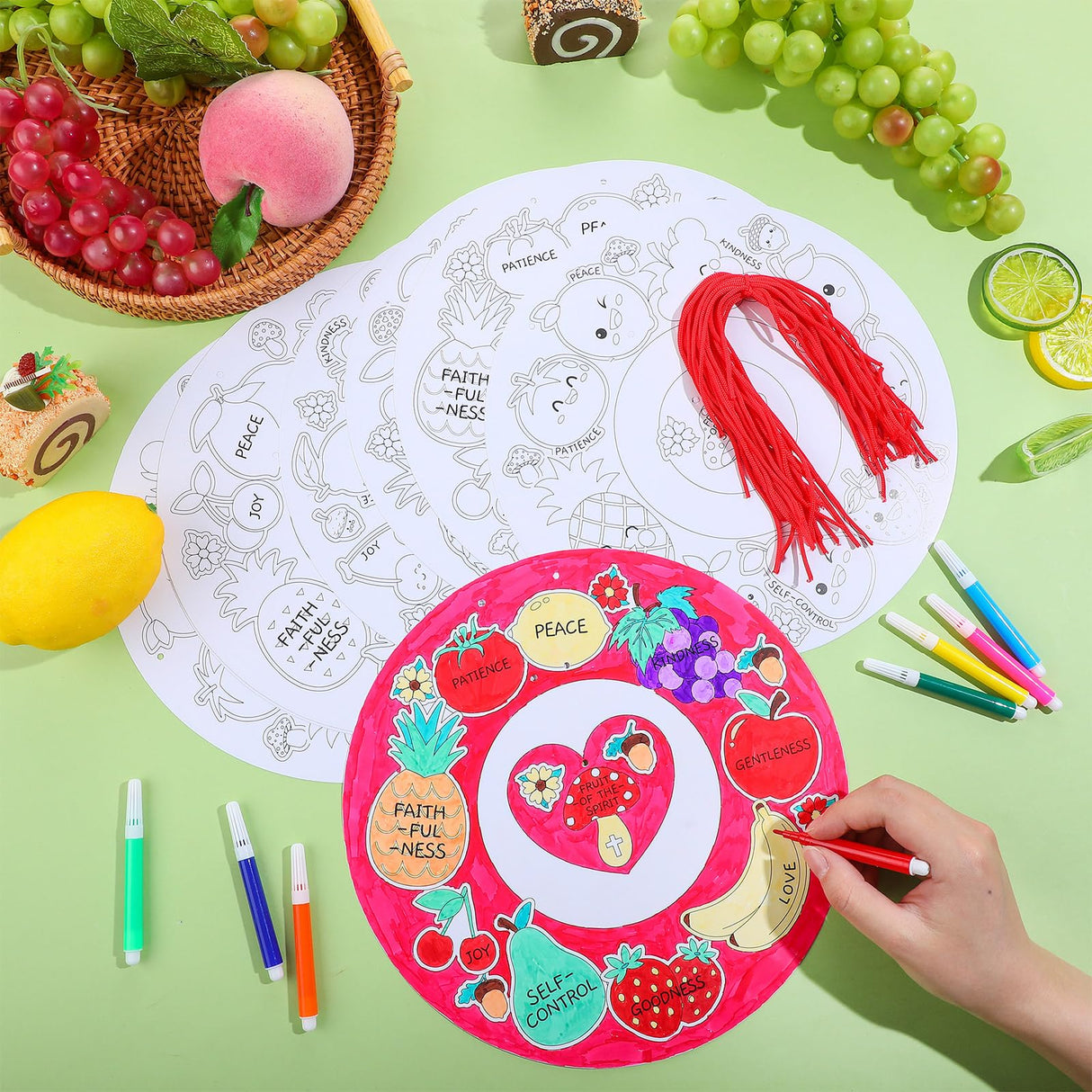 Realspring 30 Set Fruit of The Spirit Wreath Craft Kit for Kids Religious Color Your Own Fruit of The Spirit Ornament DIY Christian Wreath Craft Kit for Classroom Sunday School Activities Arts Decor