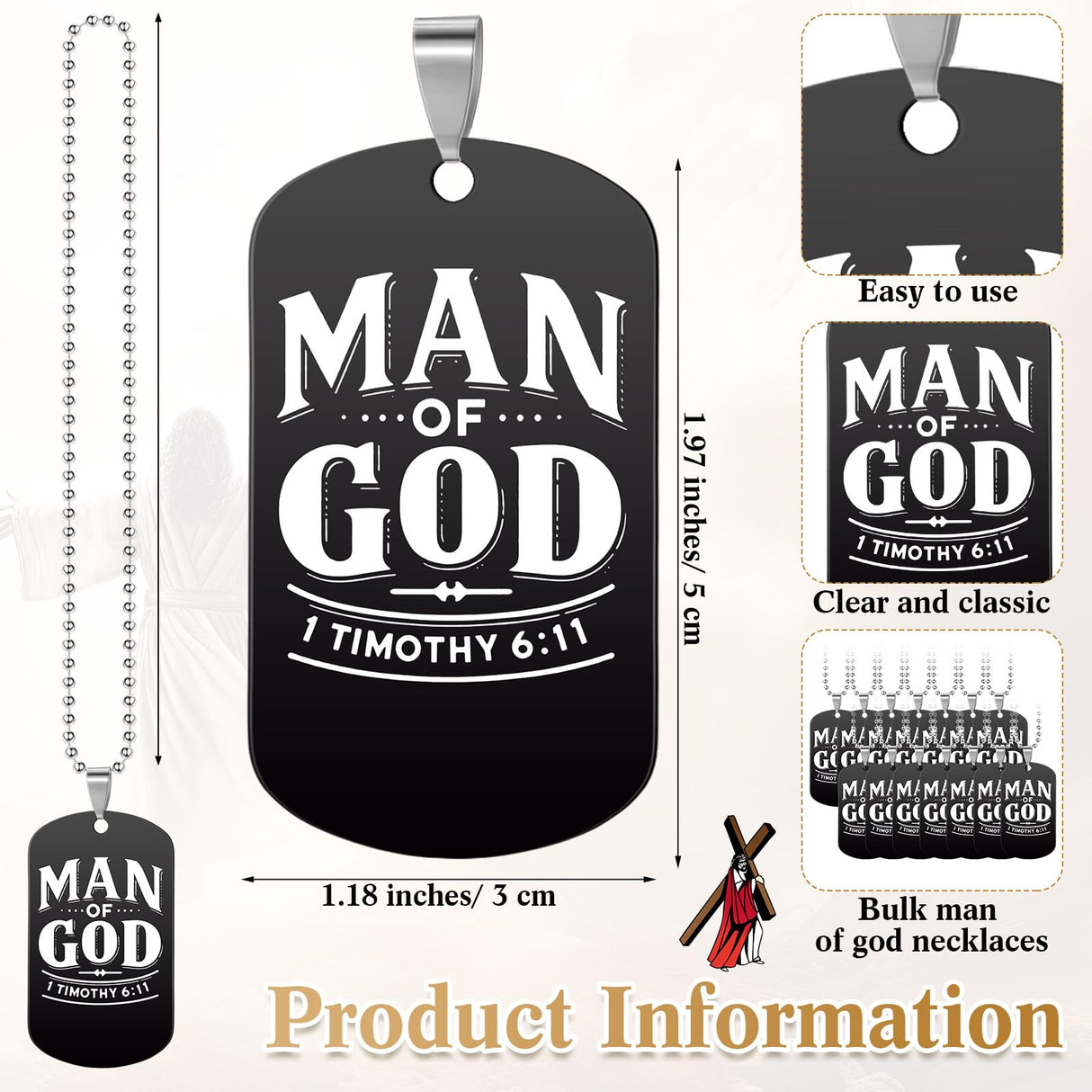 30 Pcs Father's Day Gift Man of God Christian Dog Tag Bible Verses Dog Tag Necklace Religious Stainless Steel Necklace with Chain for Church Dad Pastors Sunday School Inspirational Gift