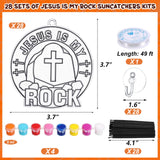 Poen 28 Sets Religious Jesus is My Rock Suncatchers Kits for Kids Color Your Own Christian Cross Ornaments Crafts Window Paint Art DIY Decor for Sunday School VBS Classroom Activities Holiday Party