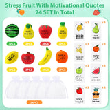 Outus 24 Sets Fruit Stress Balls with Motivational Quotes Cards Fruit Stress Balls Toys with Inspirational Fruits Cards, Stress Anxiety Relief Toy Organza Bags for Employee Teacher Gifts