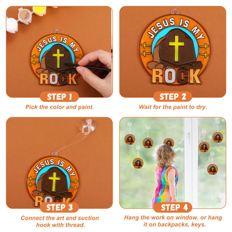 Poen 28 Sets Religious Jesus is My Rock Suncatchers Kits for Kids Color Your Own Christian Cross Ornaments Crafts Window Paint Art DIY Decor for Sunday School VBS Classroom Activities Holiday Party