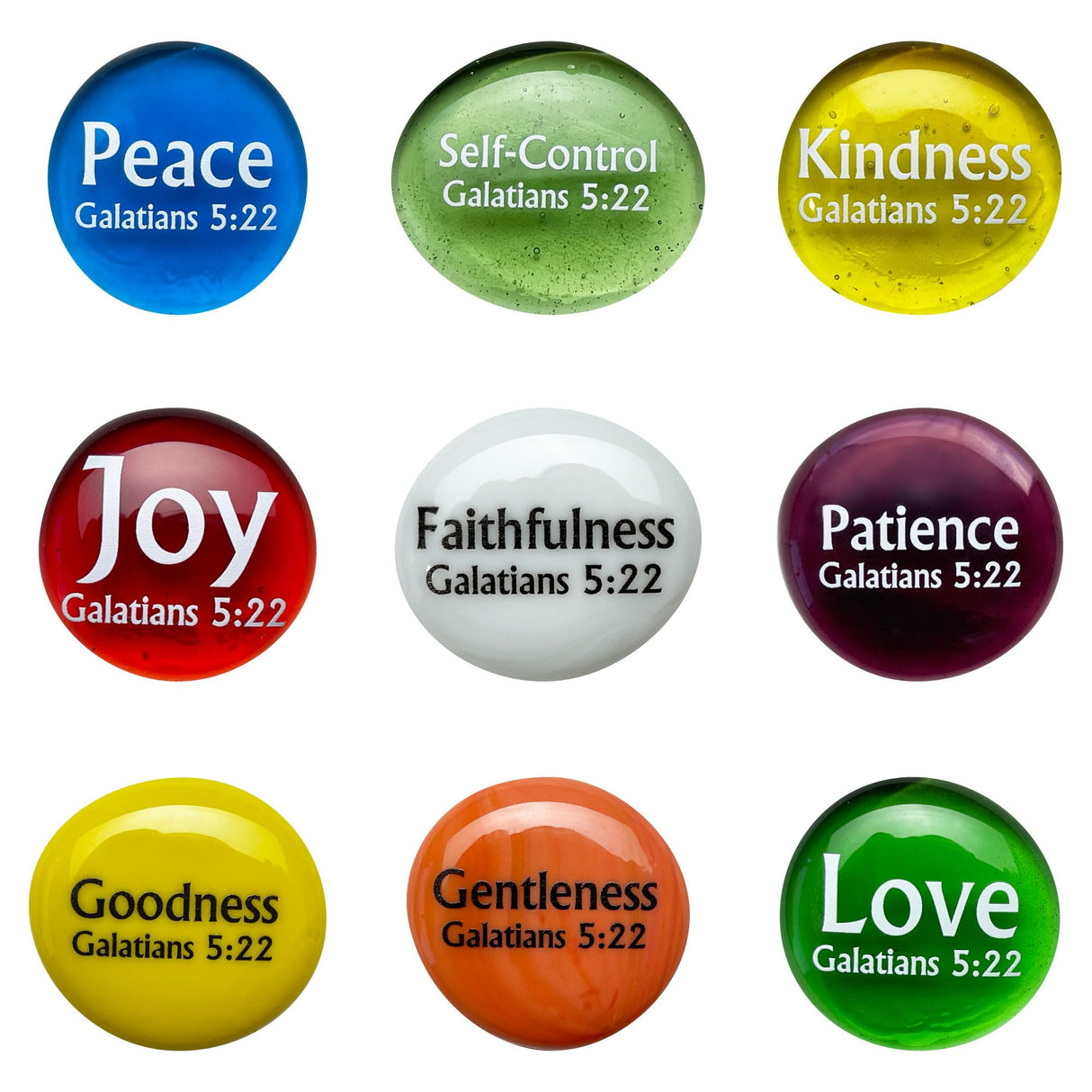 Lifeforce Glass Fruit of The Spirit Glass Stones, 9 Beautiful Rocks, Each with a Word from The Galatians 5:22 Verse. Inspiring Christian Education Tool from